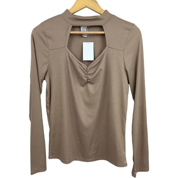 Just ‘Cause Tan Ribbed Fitted Cut Out Front Cinched Long Sleeve Top NWT - Picture 1 of 5